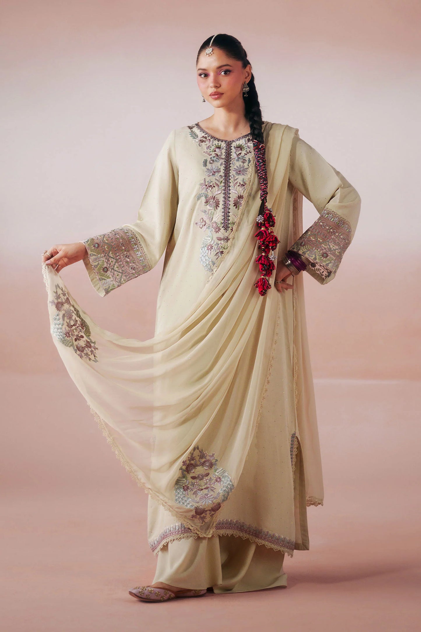 3 Piece Embroidered Raw Silk Suit