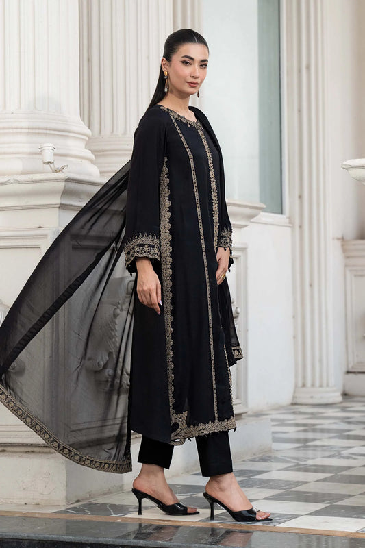 3 Piece Embroidered Raw Silk Suit