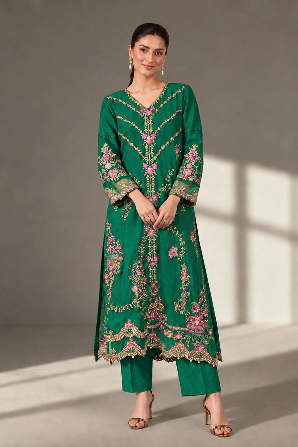 2 Piece Embroidered Tissue Silk Suit