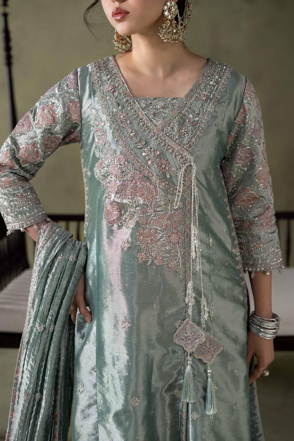 3 Piece Embroidered Zari Tissue Suit
